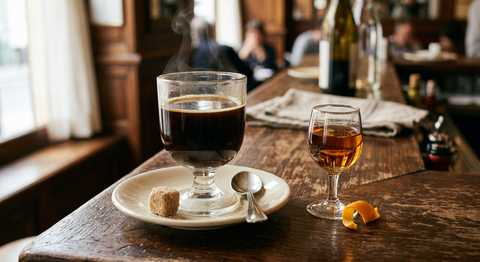 Verre à pied épais rempli de café noir fumant sur une soucoupe avec un morceau de sucre, petit verre d'eau-de-vie ambrée et zeste d'orange à côté, comptoir en bois sombre