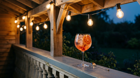 Spritz à l'orange sanguine dans un grand verre à vin, glace claire et tranche de sanguine, sur la balustrade d'une terrasse couverte au crépuscule