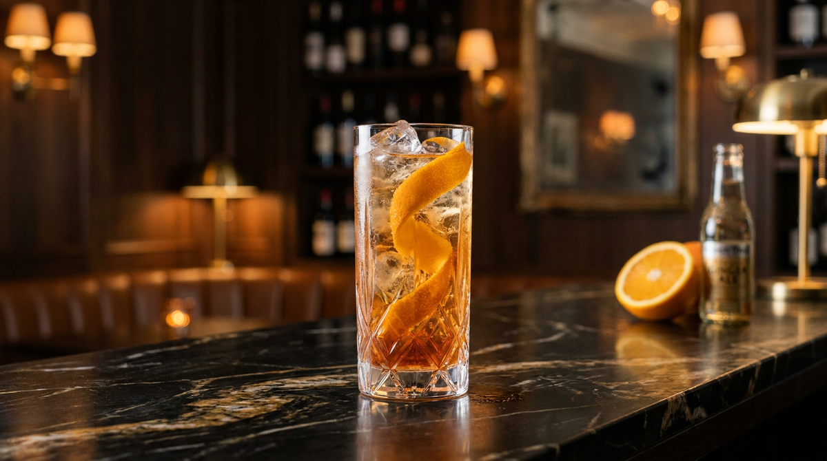 Klondike Cooler orange ambré pétillant dans un verre haut, longue spirale d'écorce d'orange à l'intérieur, comptoir de marbre Noir Saint-Laurent