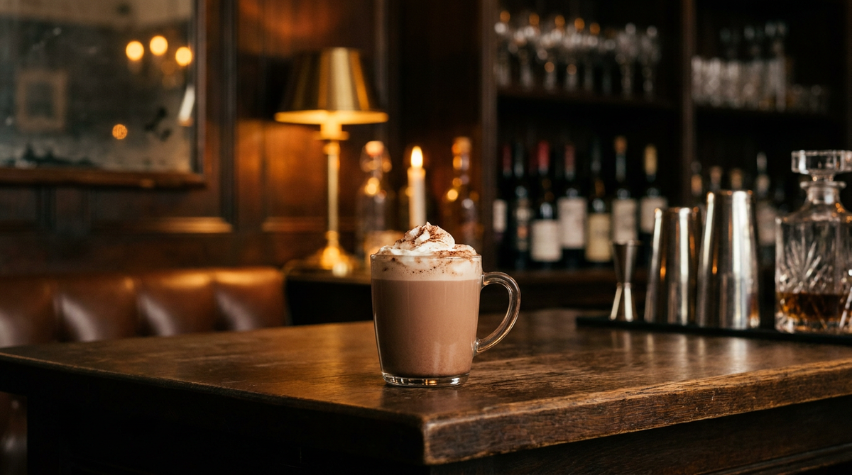 Chocolat chaud à la crème irlandaise dans une tasse en verre, crème fouettée et cacao, table de réfectoire en chêne