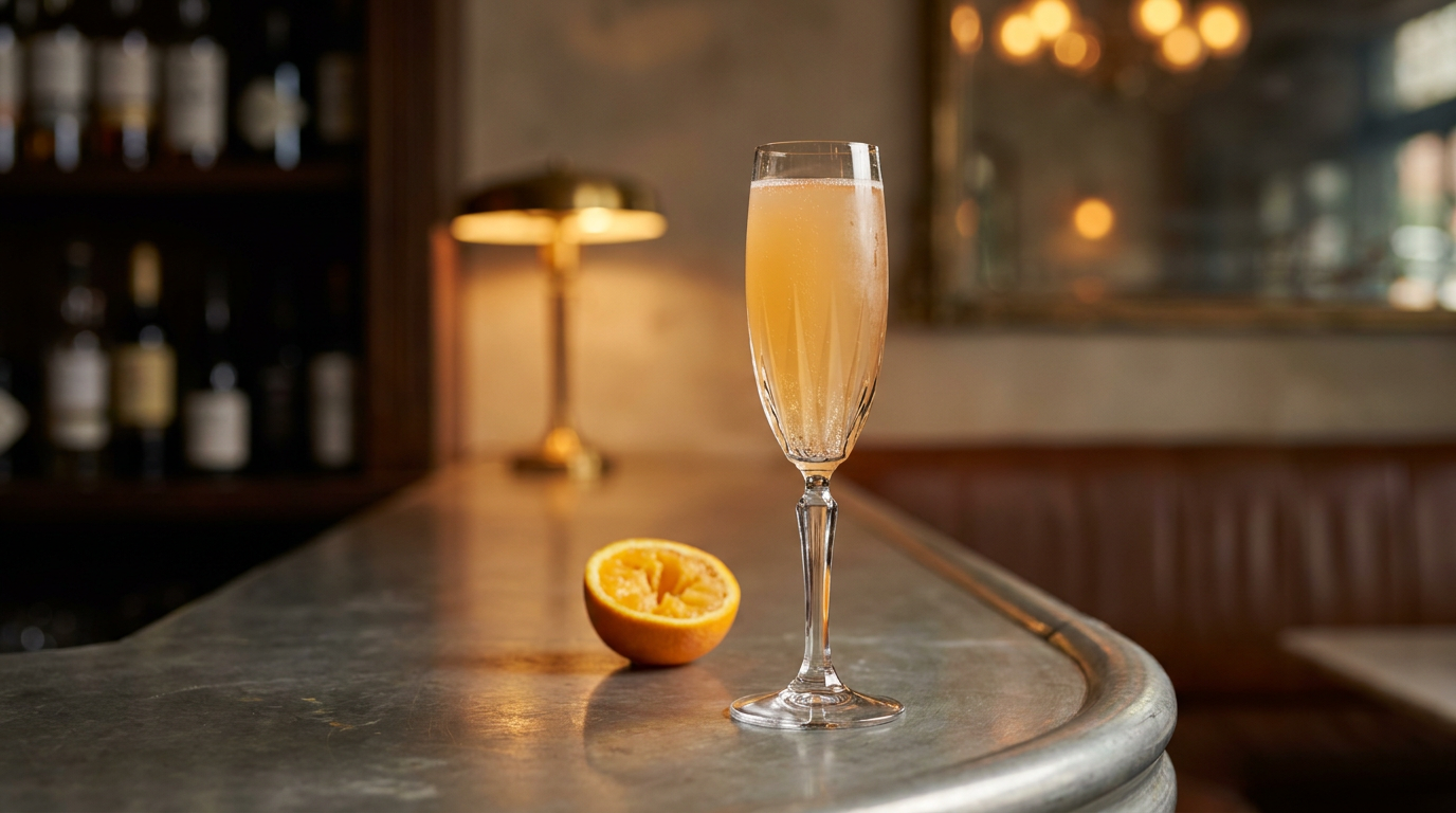 Buck's Fizz en flûte, jus d'orange et bulles, sur un comptoir de bistrot en étain