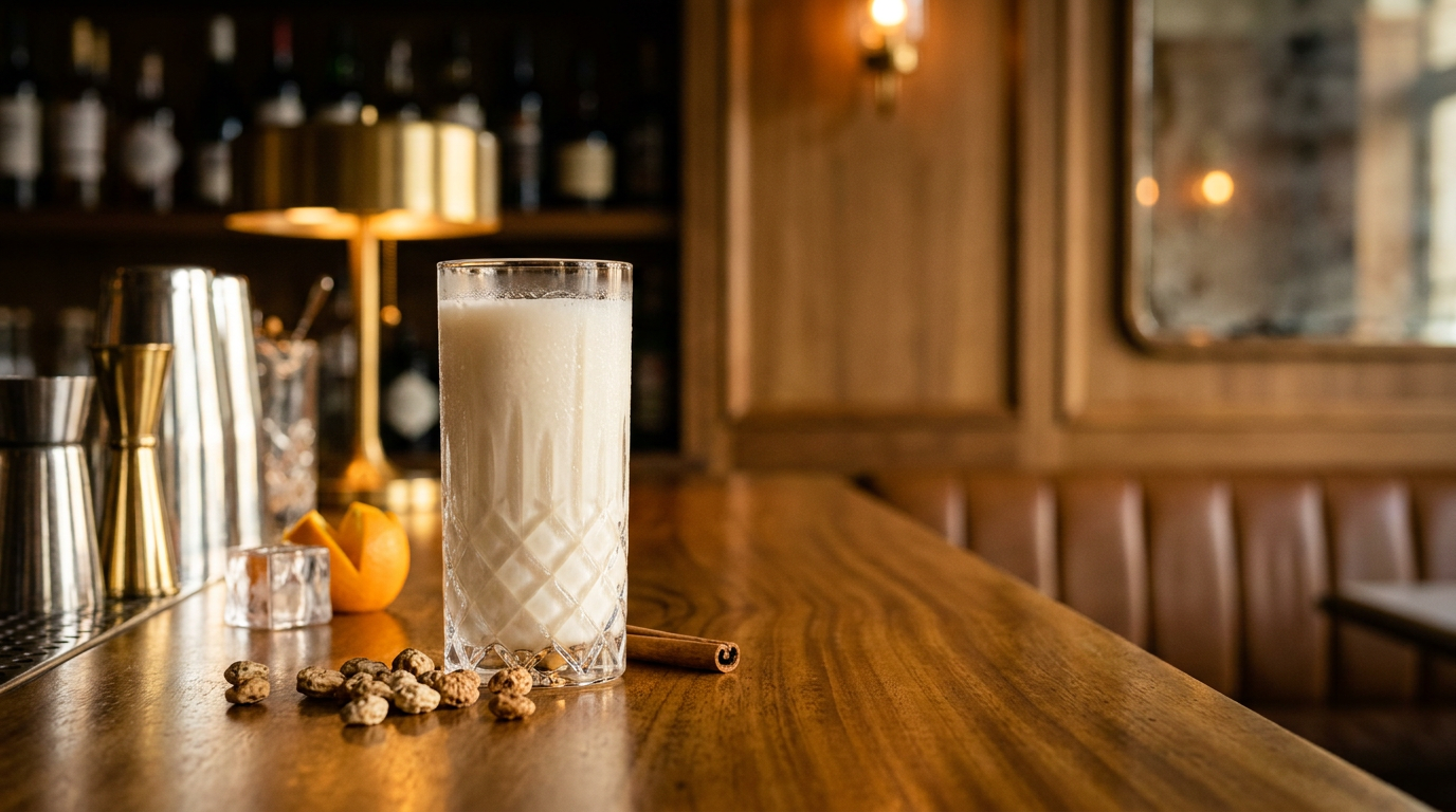 Horchata de chufa blanc ivoire opaque dans un verre haut givré de condensation, souchets secs et bâton de cannelle, comptoir d'iroko huilé
