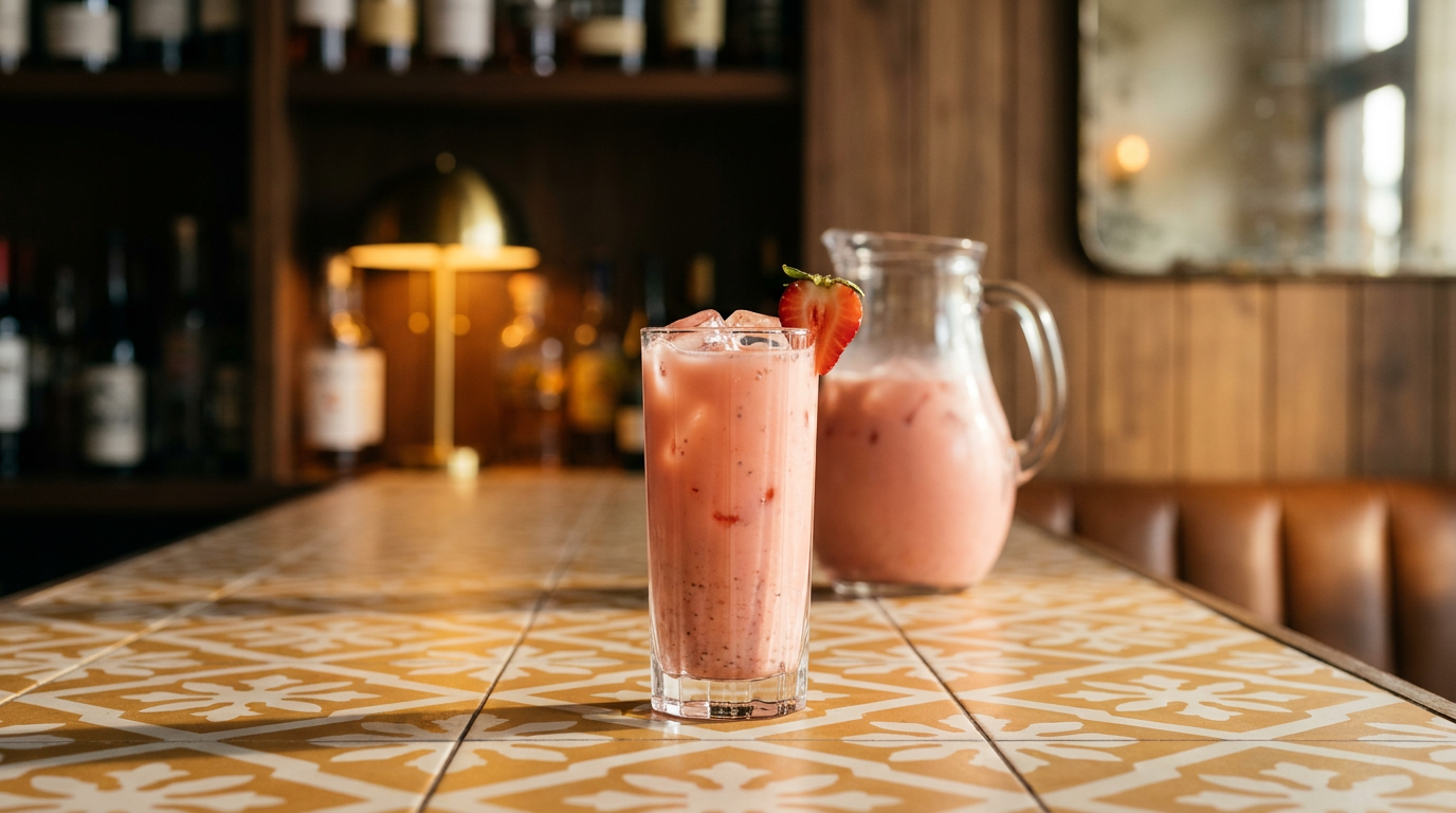 Agua de fresa rose opaque dans un grand verre, demi-fraise et pichet derrière, comptoir de carreaux de ciment