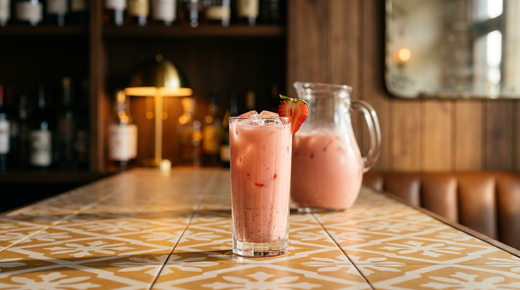 Agua de fresa rose opaque dans un grand verre, demi-fraise et pichet derrière, comptoir de carreaux de ciment