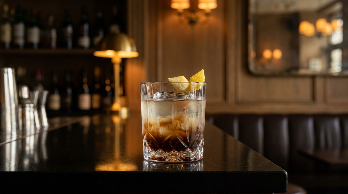 Brave Bull en deux couches, tequila claire sur liqueur de café sombre, gros glaçon, comptoir de granit noir
