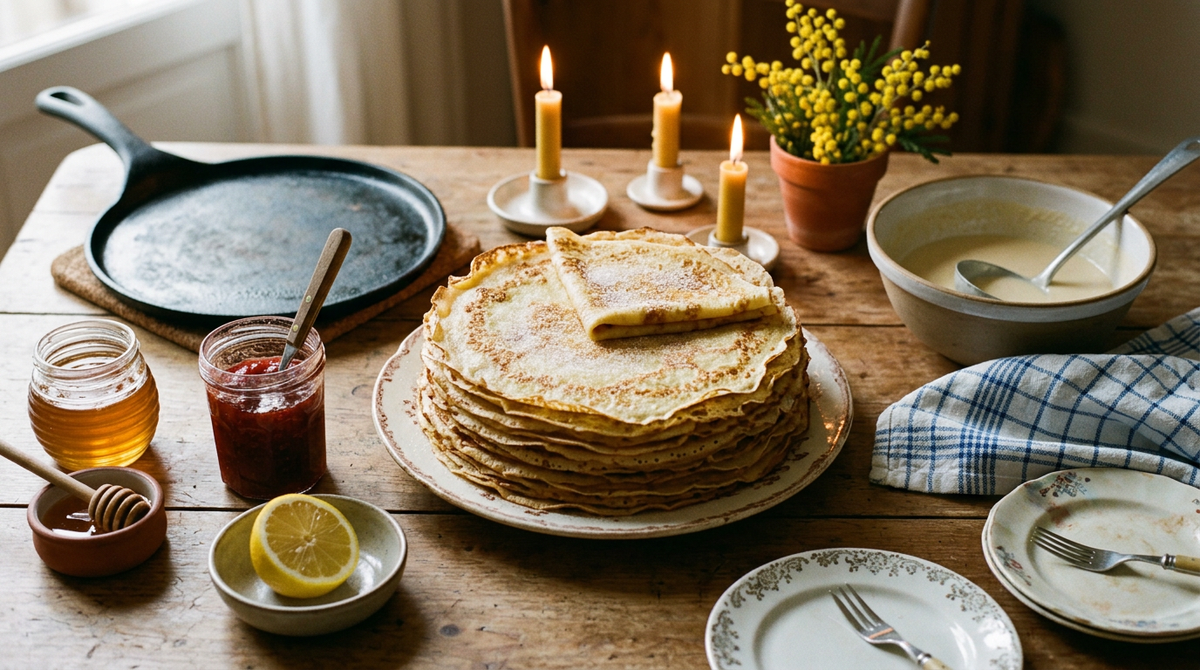 Haute pile de crêpes fines et dorées sur une table de Chandeleur : crêpière en fonte, confiture, miel, citron, saladier de pâte, bougies allumées et mimosa de février