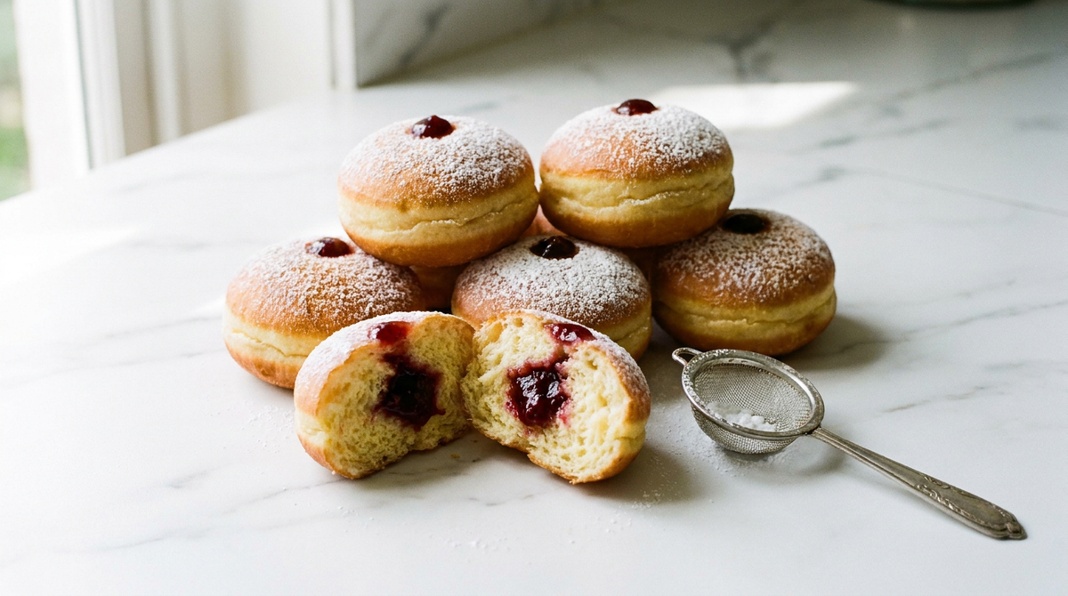 Sufganiyot dorés au sucre glace sur marbre blanc, l'un ouvert sur la confiture de framboise