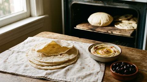 Pains libanais fins et ronds, pâles et tachetés, l'un gonflé en ballon sur une pierre dans le four, d'autres dégonflés et empilés sur un linge, un bol de houmous et des olives à côté, table de mezze libanais, lumière chaude