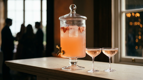 Fontaine à boisson en verre remplie d'un cocktail pétillant rose pâle aux fraises, deux coupes de cristal servies, sur une console de pierre claire lors d'une réception