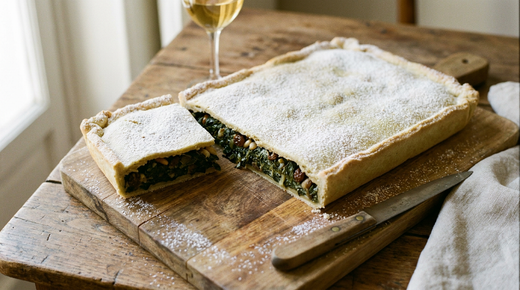 Tourte de blettes niçoise rectangulaire sur une planche, pâte fine saupoudrée de sucre glace, une part coupée montrant la garniture de blettes vertes aux raisins secs et pignons, couteau à plat, verre de vin doux, table en bois