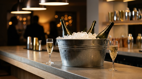 Grand bac de zinc rempli de glace claire et de bouteilles rafraîchissant pour un apéritif de 100 personnes, deux flûtes servies sur le comptoir