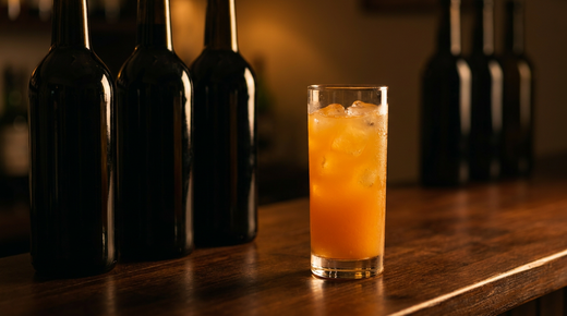 Trois bouteilles sombres sans étiquette alignées derrière un grand verre de punch orangé sur glace, comptoir de bois ciré sombre, lumière chaude et basse