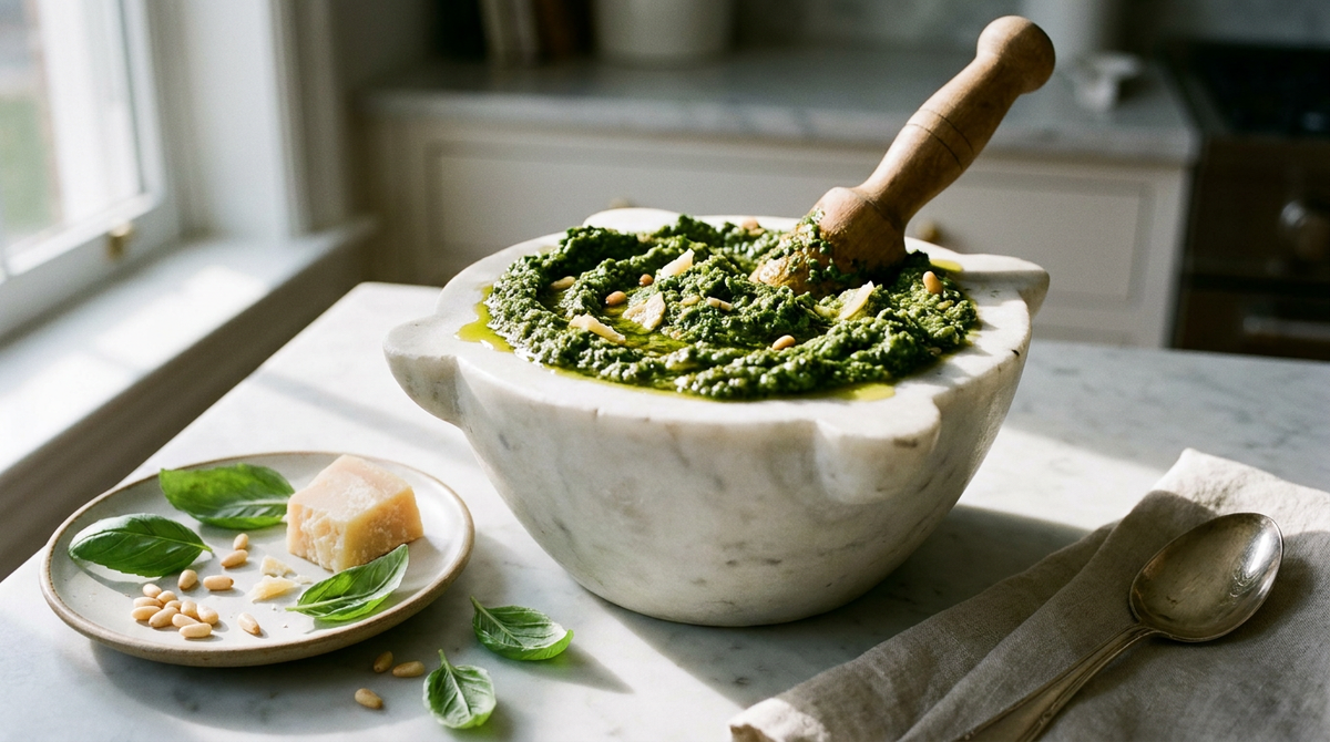 Pesto au basilic dans un mortier de marbre, vert profond, surface en relief avec l'huile qui brille dans les creux, pilon posé dedans