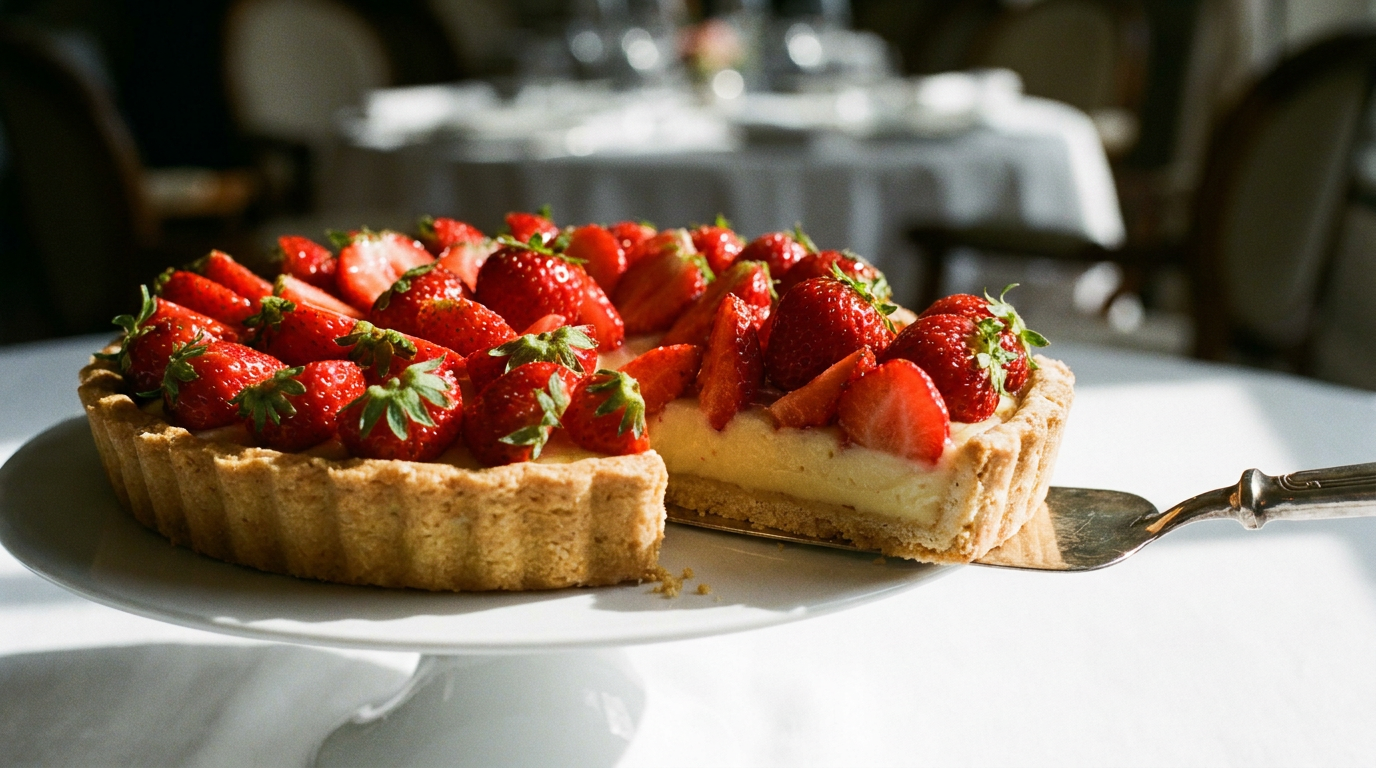 Tarte aux fraises à la pâte dorée et croustillante, crème pâtissière ivoire et fraises fraîches, une part coupée montrant les trois couches