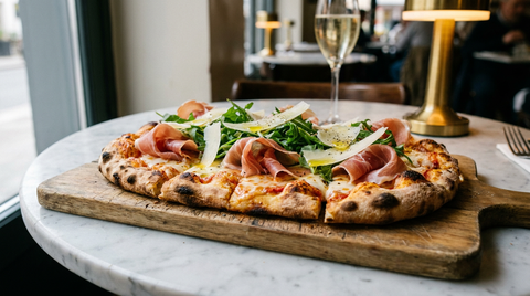 Pinsa jambon cru et roquette ovale sur une planche en bois, mozzarella fondue, jambon de Parme posé en vagues après cuisson, roquette fraîche, copeaux de parmesan, bords soufflés et tachés, table de bistrot, lumière du soir