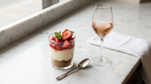 Verrine fraises mascarpone en couches sur marbre blanc, verre de crémant rosé