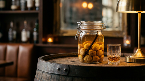 Bocal de châtaignes et de gousse de vanille macérant dans un rhum doré, petit verre de dégustation devant, sur une tête de tonneau de chêne