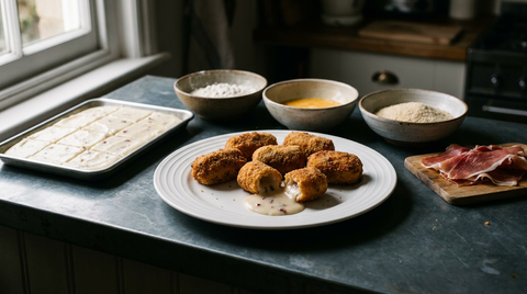 Croquetas de jamon dorées sur une assiette blanche, l'une ouverte laissant couler une béchamel crémeuse piquée de jambon, plaque de béchamel prise et quadrillée, trois bols de farine, œuf battu et chapelure, tranches de jambon serrano