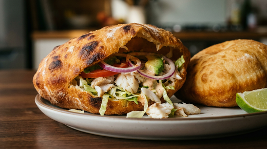 Bokit guadeloupéen doré et gonflé, fendu et garni de morue, salade et oignon rouge, un second entier