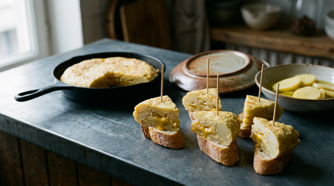 Carrés de tortilla espagnole épaisse posés sur des tranches de baguette et piqués, cœur visiblement baveux et pommes de terre en couches, poêle avec le reste de la tortilla et bol de pommes de terre crues dans l'huile