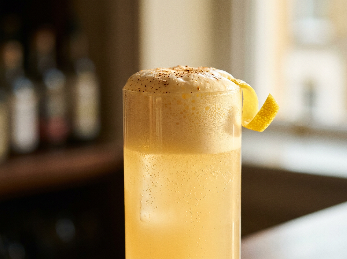 Golden Fizz, gin fizz au jaune d'œuf à la mousse dorée et crémeuse servi en highball