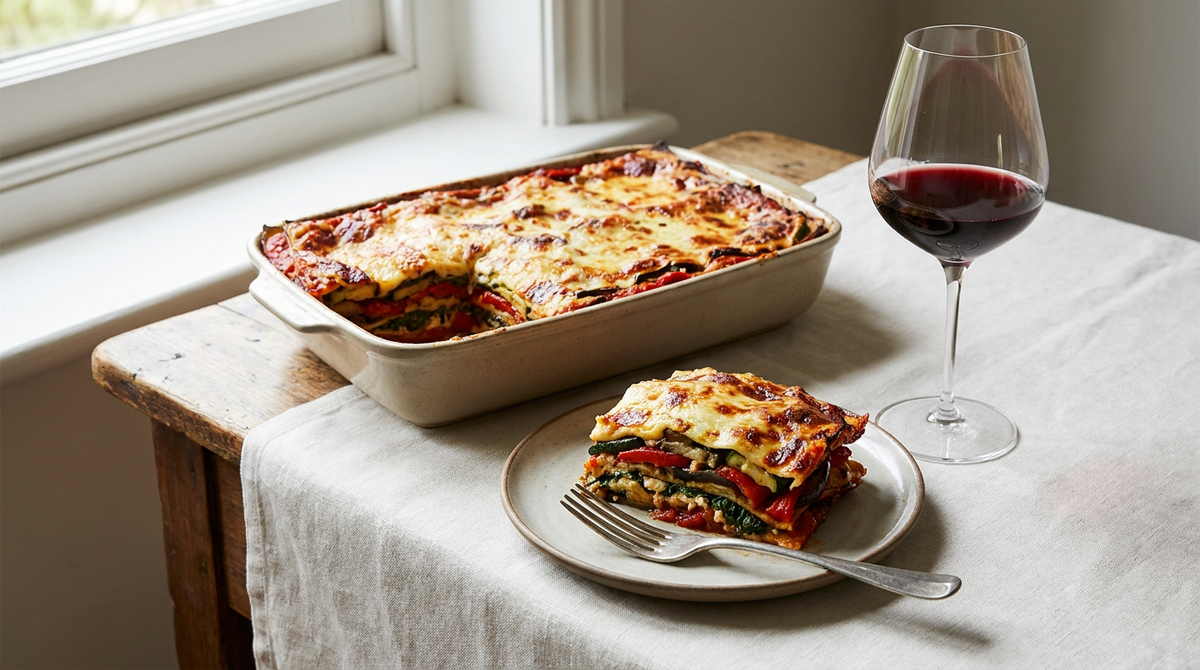 Lasagnes de légumes dans un plat en céramique, couches de courgette, aubergine, poivron et épinards sous un gratiné doré, une part servie, verre de vin rouge