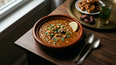 Bol en terre cuite vernissée d'une soupe épaisse brun-rouge et veloutée, pois chiches, lentilles, agneau, vermicelles, coriandre, quartier de citron sur le bord, dattes et chebakia sur un plateau en laiton, verre de thé à la menthe
