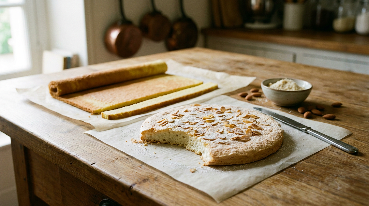Disque de dacquoise aux amandes effilées, surface craquelée et sucre glace, un bord cassé montrant l'intérieur moelleux, feuille de biscuit joconde à demi roulée derrière, palette à plat, bol de poudre d'amande, plan de travail en bois