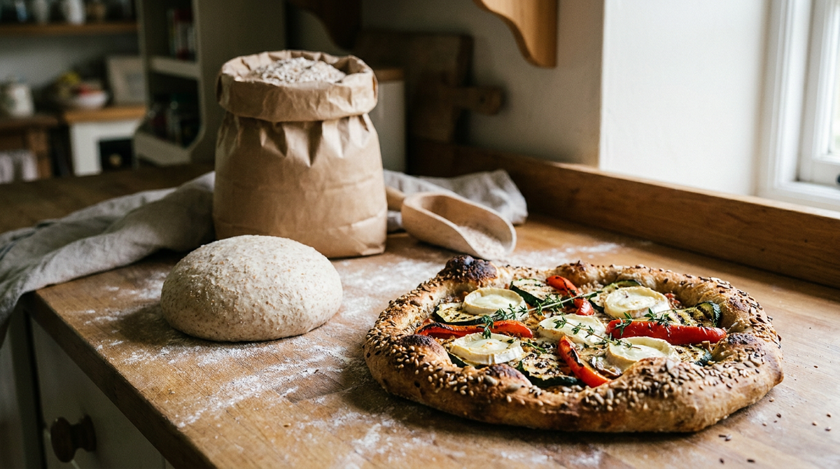Pâte à pizza semi-complète brune sur un plan de travail, une pizza rustique cuite au bord tacheté et aux graines, légumes grillés et chèvre dessus, sac de farine bise, cuisine de campagne, lumière naturelle