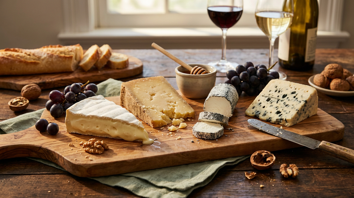 Plateau de fromages sur une planche en bois, brie, pâte pressée, chèvre cendré et bleu, raisin, noix et miel, un verre de blanc et un de rouge