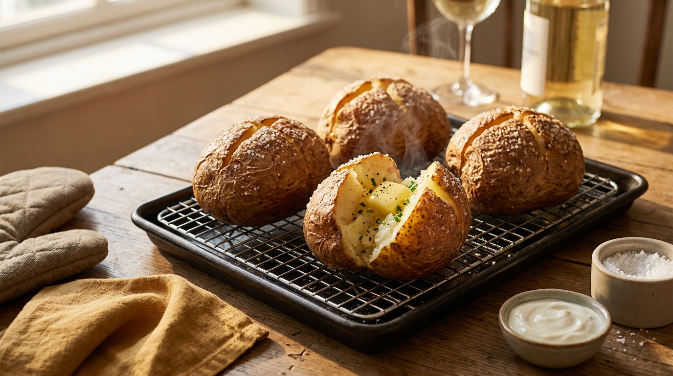 Pommes de terre au four sur une grille, peau dorée et craquante au gros sel, une ouverte avec du beurre fondant et de la ciboulette