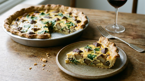 Tarte salée aux cèpes maison, morceaux de cèpes rôtis pris dans un appareil à la crème, pâte brisée dorée, une part servie sur une assiette en grès, fourchette à plat, verre de vin rouge, table en bois