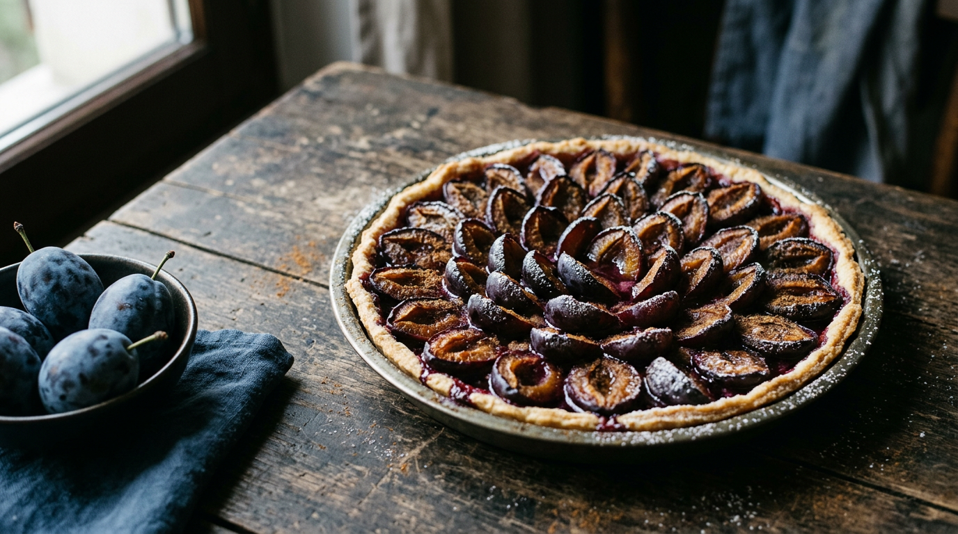 Tarte aux quetsches : demi-fruits violets rangés debout et serrés en cercles sur une pâte brisée dorée, sucre glace et cannelle, quetsches entières à la pruine bleutée