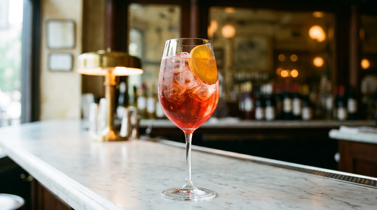 Campari spritz rouge vif en grand verre à vin, glaçons transparents et demi-tranche d'orange, sur un comptoir de marbre de Carrare dans un bar chic