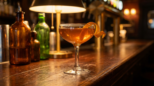 Verre coupe contenant un liquide ambré brillant sans glace, long ruban de zeste d'orange posé en travers, comptoir de bois ciré sombre, lumière chaude et basse de bar