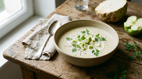Velouté de céleri-rave crème dans un bol en grès beige, dés de pomme verte crue, cerfeuil et poivre, demi céleri-rave et pomme acidulée sur une table en bois