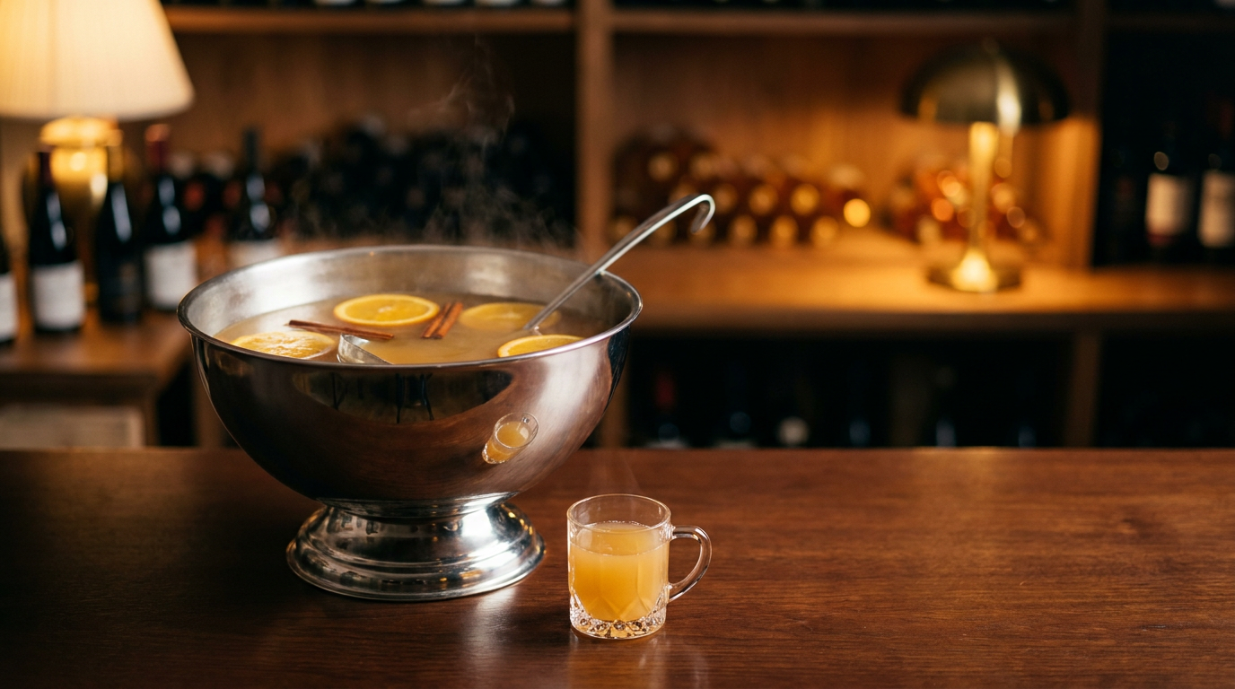 Grand bol à punch en argent rempli de cidre chaud doré avec rondelles d'orange et bâtons de cannelle, louche posée dedans et mug servi devant, sur un comptoir de caviste