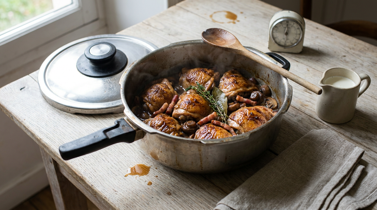 Morceaux de poulet dorés dans une cocotte minute ouverte, peau brune et luisante, sauce courte aux champignons et aux lardons, thym, cuillère en bois, couvercle à soupape posé à côté, table de bois clair