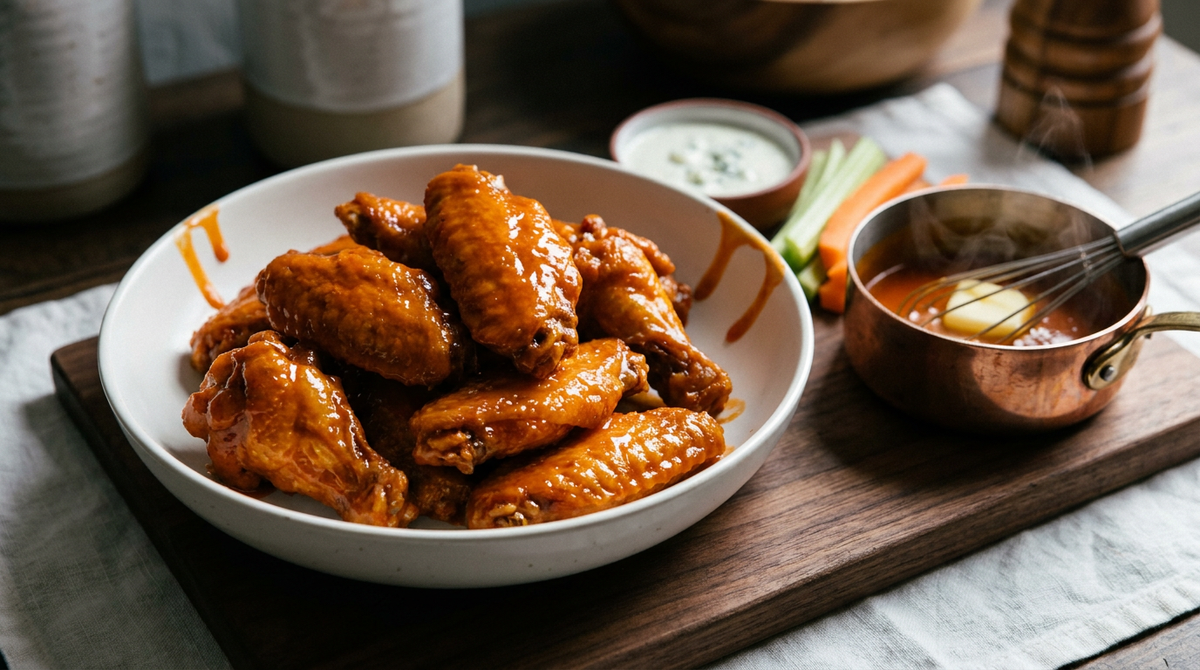 Buffalo wings américaines dans un plat blanc, ailes de poulet orange et brillantes, casserole en cuivre avec beurre et sauce piquante au fouet, sauce blanche et bâtonnets de céleri