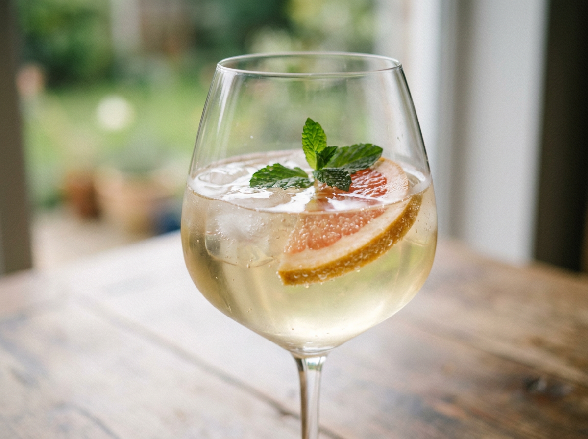 Spritz au vin blanc dans un grand verre à vin : cocktail jaune pâle pétillant sur glace, agrume et menthe