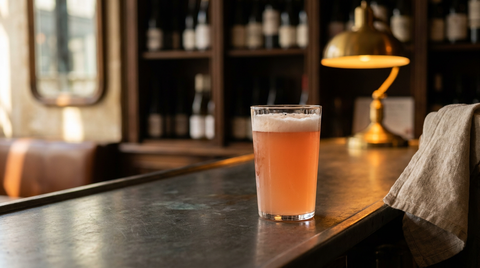 Verre à bière droit rempli d'une blonde teintée rose-orangé par la grenadine, fin col de mousse blanche, sur un comptoir de zinc patiné dans un bar chaleureux