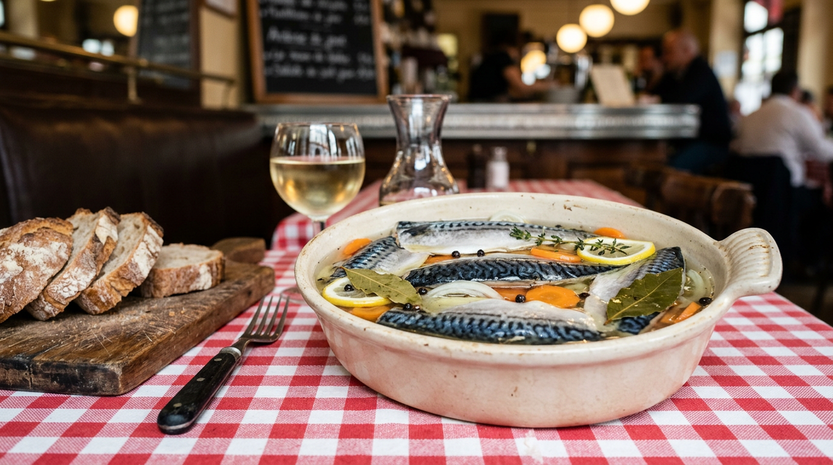 Filets de maquereau marinés au vin blanc dans une terrine en grès, carottes, citron et laurier, avec du pain de campagne sur une table de bistrot