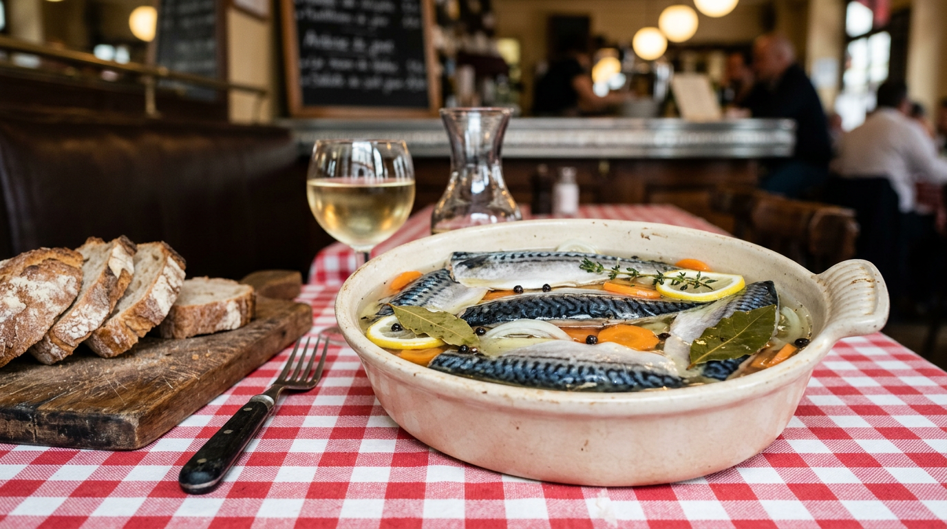 Filets de maquereau marinés au vin blanc dans une terrine en grès, carottes, citron et laurier, avec du pain de campagne sur une table de bistrot