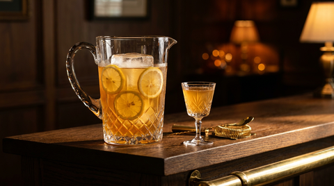 Grand pichet de cristal taillé rempli de Brandy Punch ambré, bloc de glace et rondelles de citron, sur un comptoir de chêne