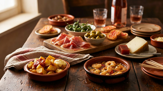 Table de tapas espagnoles : patatas bravas, gambas al ajillo dans leur cazuela, jambon, olives, poivrons et manchego