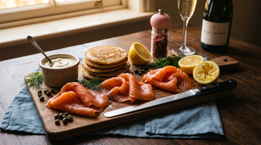 Planche de saumon fumé en rubans souples et brillants, avec blinis dorés, crème épaisse, citrons, aneth et câpres