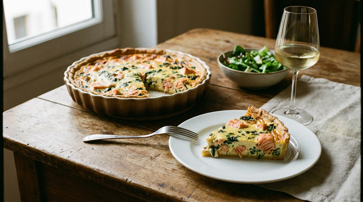 Quiche au saumon et aux épinards dorée dans son moule, une part servie montrant les morceaux de saumon dans la crème, salade verte, table de bois, verre de vin blanc