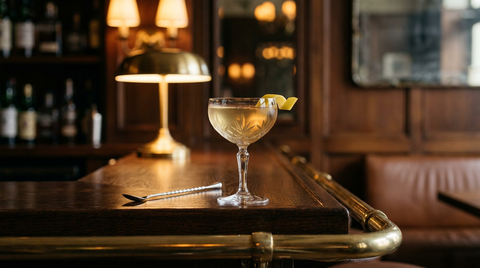 Poet's Dream en coupe de cristal sur un comptoir de chêne ciré à repose-pieds de laiton, robe dorée limpide, zeste de citron, salle de bar chaleureuse en arrière-plan