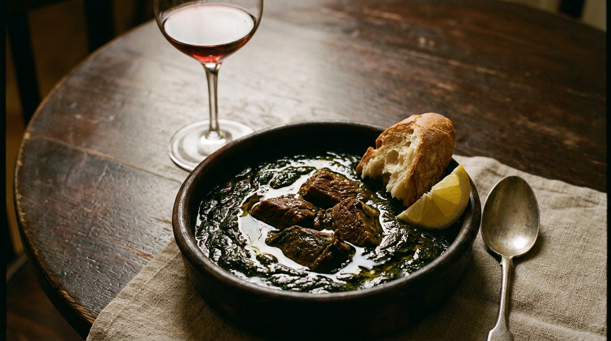 Plat de mloukhia tunisienne, sauce vert sombre presque noire à la poudre de corète, morceaux de bœuf braisé, huile d'olive en surface, pain, citron, verre de vin rouge
