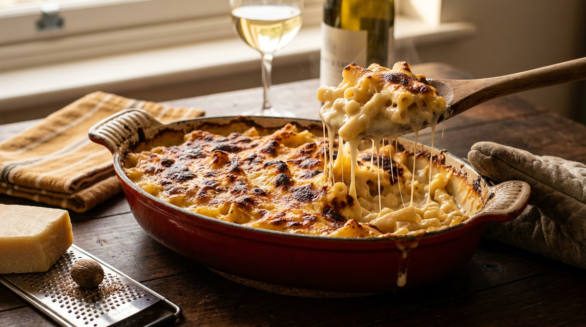 Gratin de macaroni au fromage dans un plat en fonte émaillée, dessus doré et cloqué, une cuillère soulève une part filante